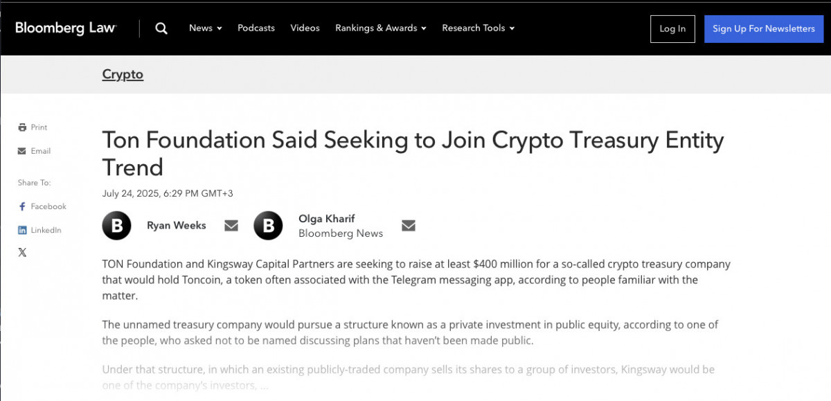 Kingsway Capital seeks to raise $400M to create a treasury reserve centered on TON.