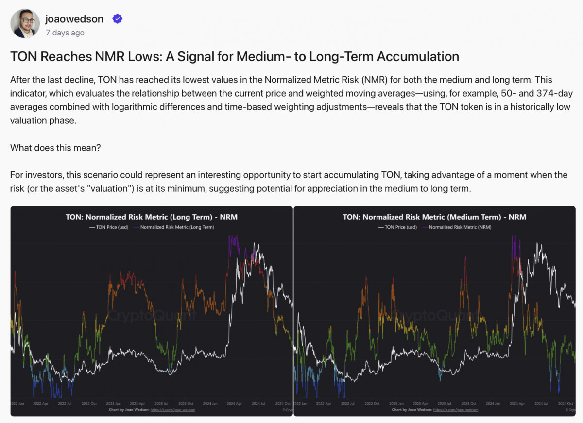 CryptoQuant flagged TON as significantly oversold, suggesting a strong accumulation zone for long-term investors.