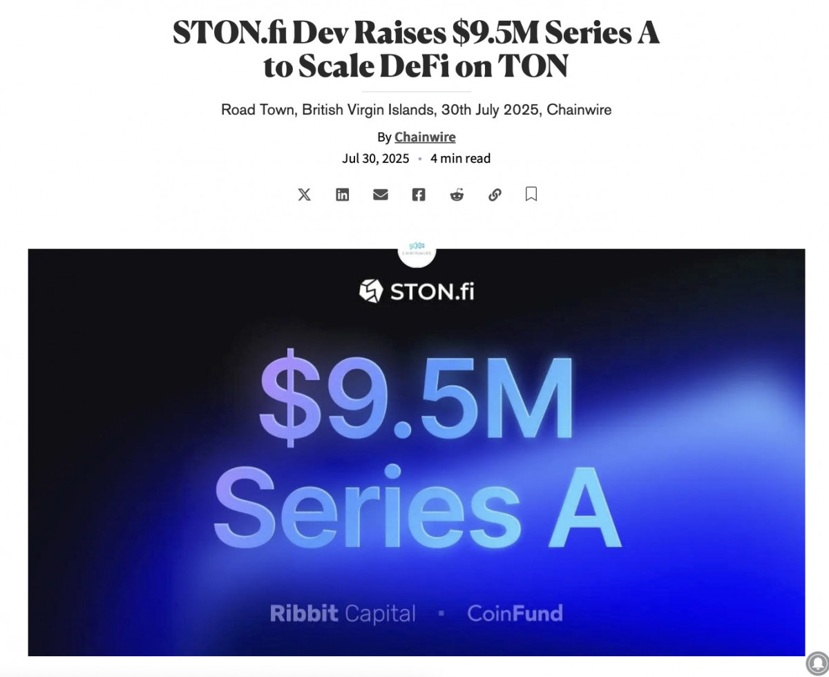 STON.fi secured new funding to expand TON‑based DeFi, boosting ecosystem momentum.
