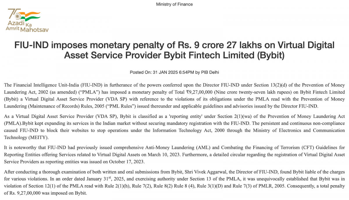 The Price of Non-Compliance: Bybit’s $1 Million Fine in India