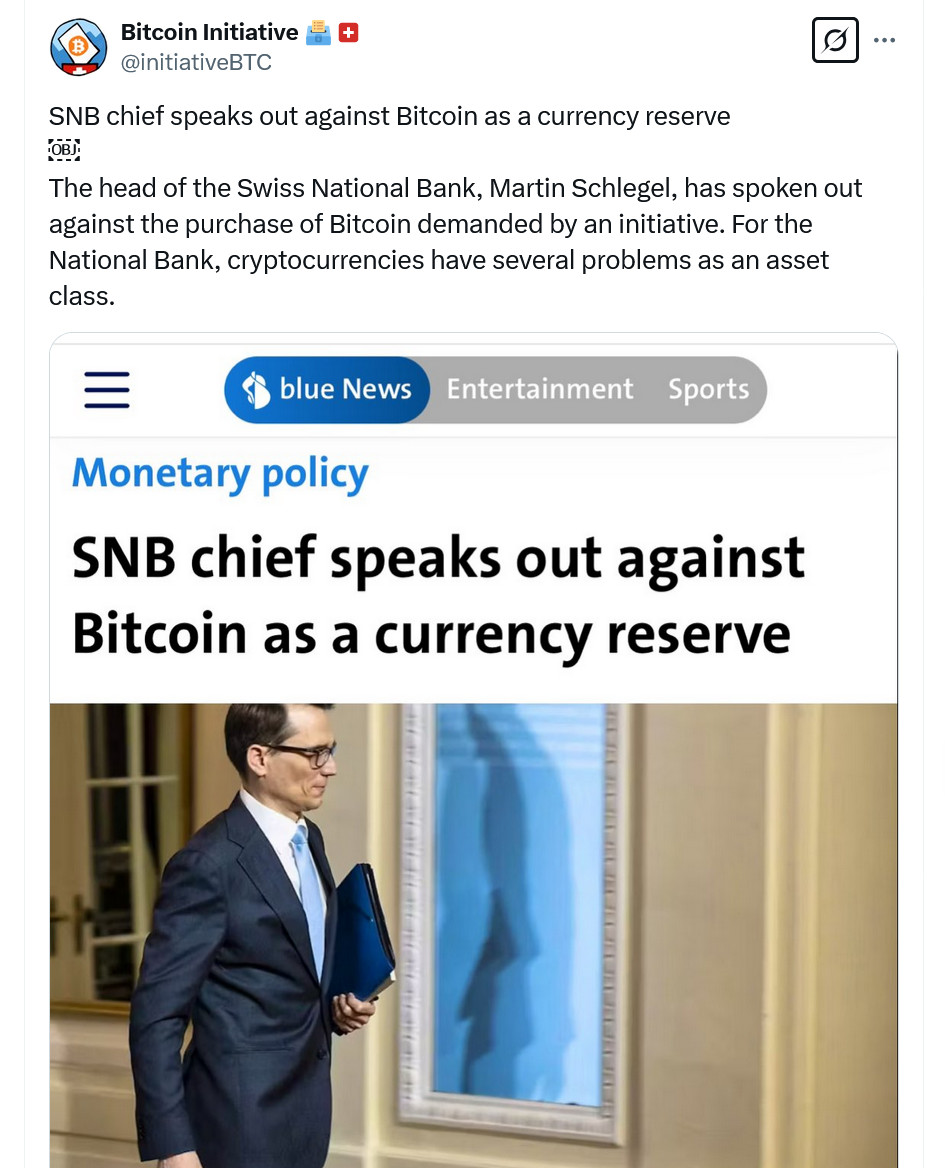 The Swiss National Bank dismissed Bitcoin as too volatile for a reserve asset, injecting temporary FUD into the market.