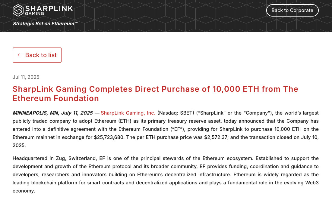 SharpLink purchases 10,000 ETH directly from the Ethereum Foundation, highlighting treasury use case.