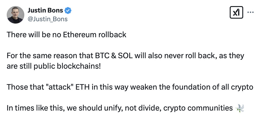 Ethereum core developers quickly dismissed a proposed rollback to recover stolen funds, reaffirming the blockchain’s immutability.