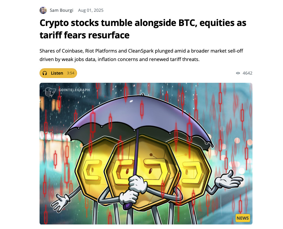 Trump’s tariff threats rattled equities and spilled into crypto, sparking Bitcoin’s sharp slide.
