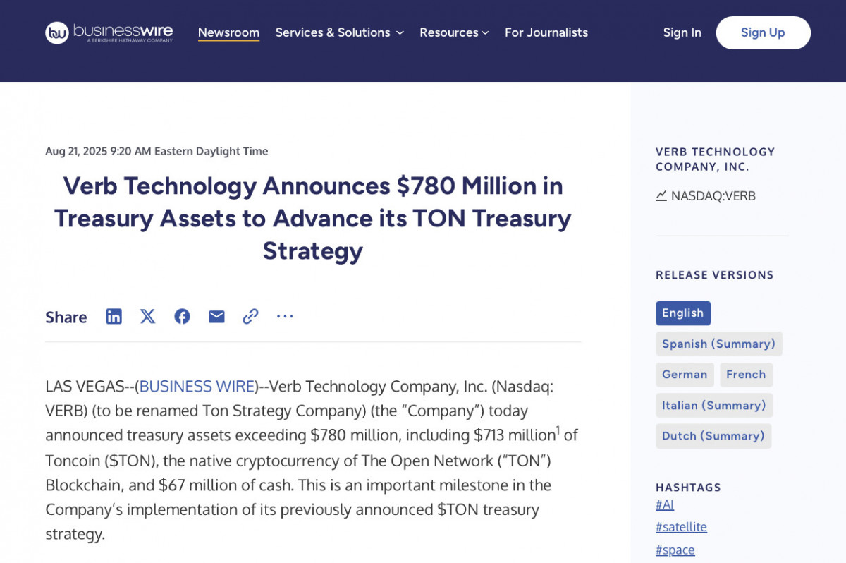 Verb Technology committed over $700M toward TON with ambitions of capturing up to 5% of supply, signaling a major corporate-treasury shift toward the network.