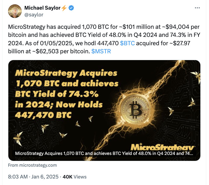 MicroStrategy’s ongoing Bitcoin acquisitions highlight continued institutional interest despite short-term market volatility.