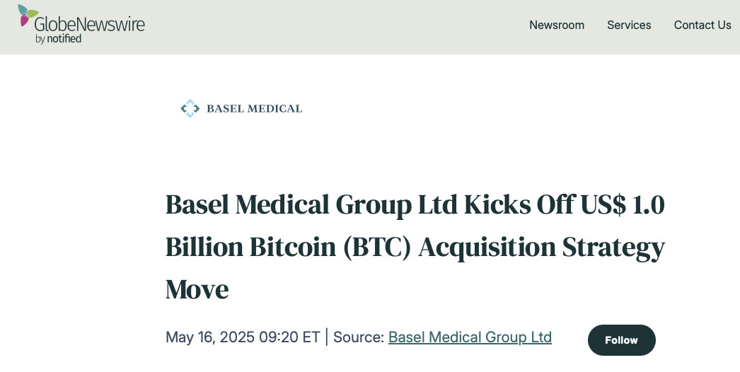 Basel Medical announces BTC treasury strategy – yet another non-tech sector embracing crypto reserves
