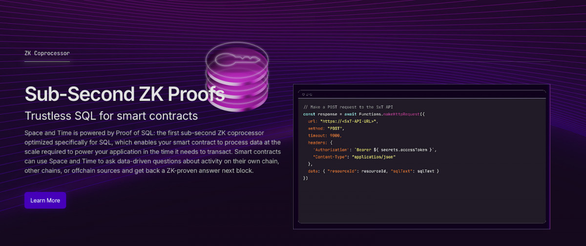 Space and Time uses zero-knowledge proofs to verify SQL queries on-chain without revealing raw data.