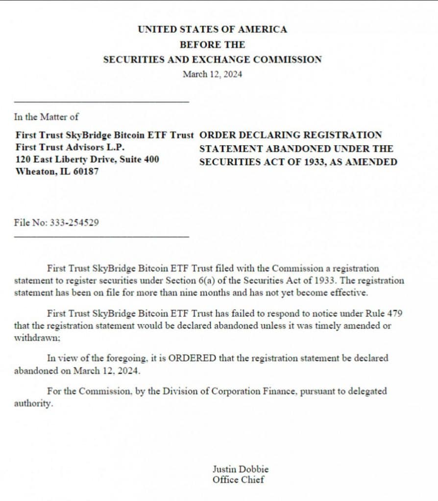 SEC Directs First Trust Advisors and SkyBridge Capital to Mark Spot Bitcoin ETF Application as “Abandoned”