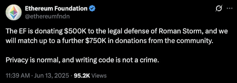 Friday notice regarding Roman Storm’s legal defense donation. Source: Ethereum Foundation