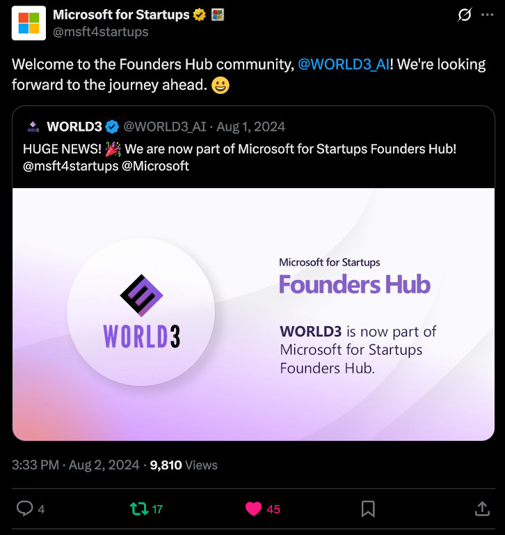 Microsoft for Startups welcoming WORLD3 to the Founders Hub, highlighting the strong industry validation.