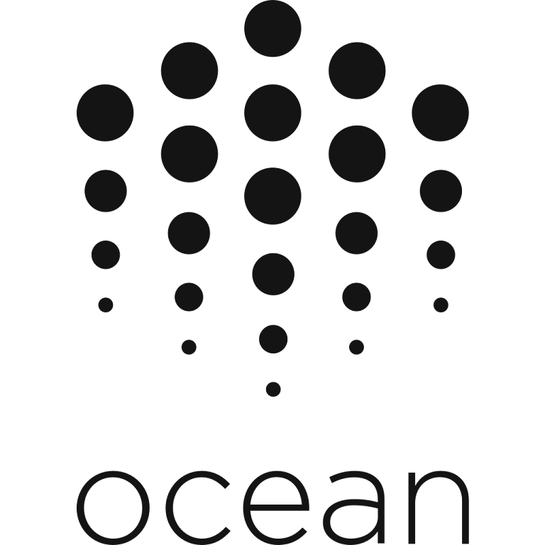 Ocean Protocol logo showing a pattern of black dots arranged in a downward-pointing triangle above the word "ocean" in lowercase, bold, rounded letters. The dots increase in size toward the center and decrease at the edges.