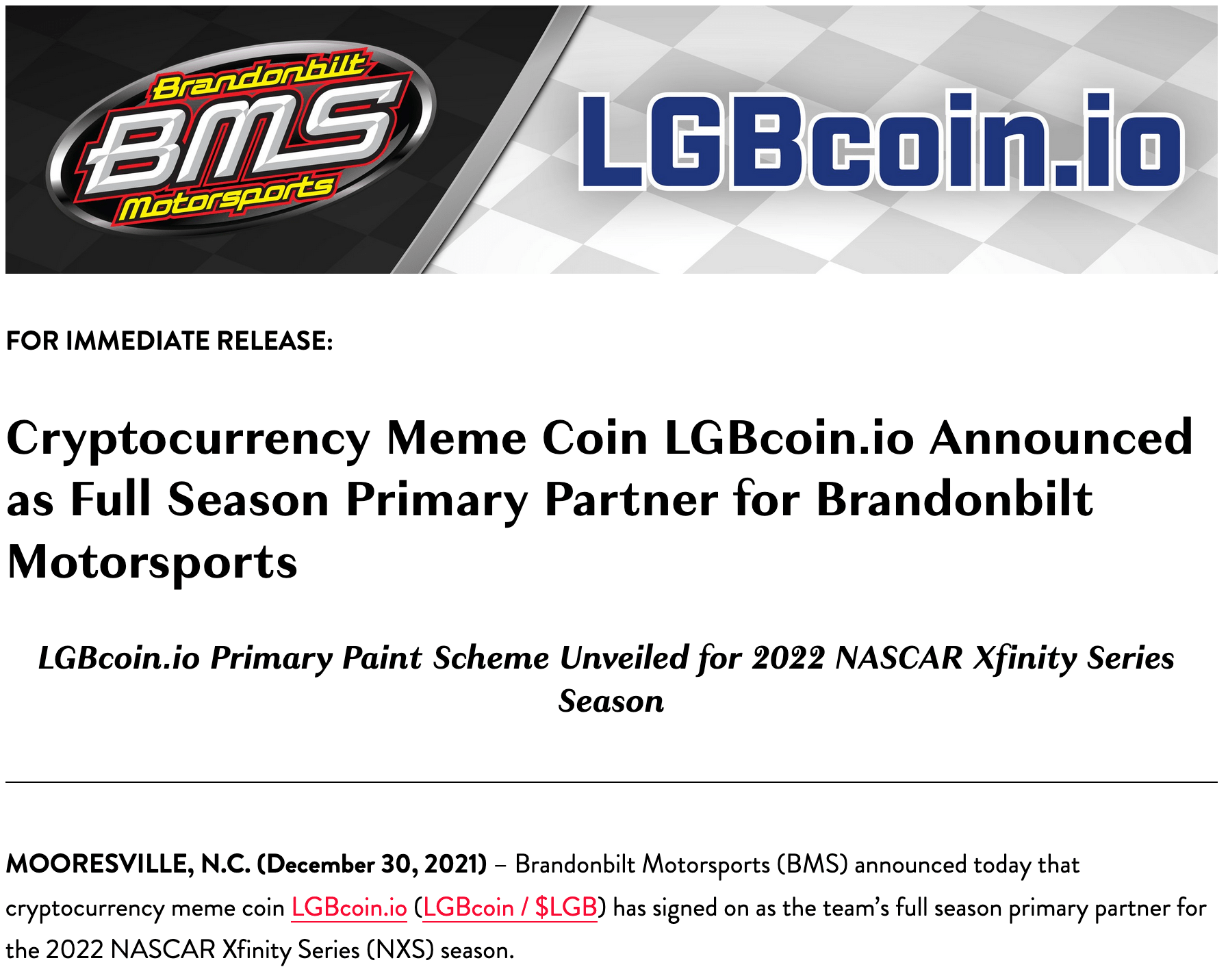 Let's Go Brandon coin PR statement upon launch. Cawthorn allegedly Cawthorn shilled for the coin.