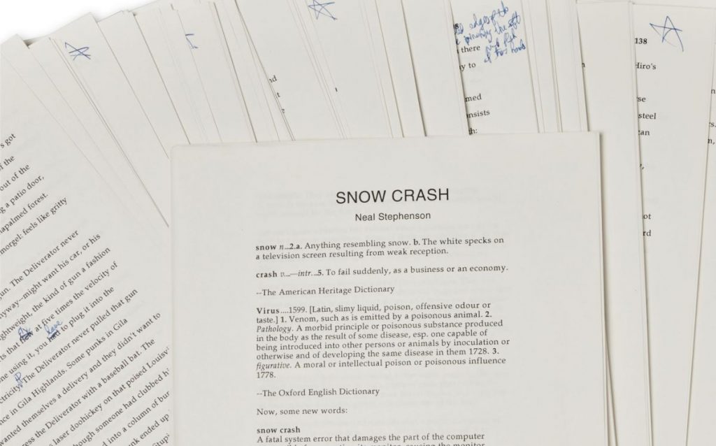 Neal Stephenson's manuscript of the novel "Snow Crash" with handwritten corrections and notes.