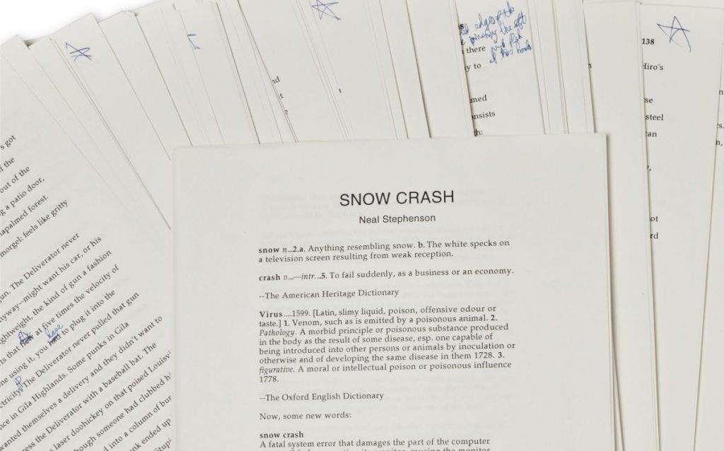 Manuscrisul lui Neal Stephenson al romanului „Snow Crash” cu corecții și note scrise de mână.