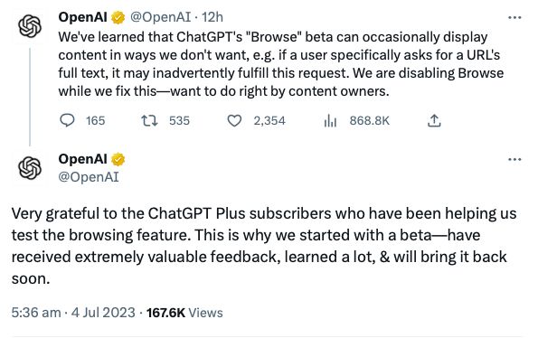OpenAI Temporarily Disables ChatGPT's 'Browse with Bing' Feature to Prevent Paywall Bypass