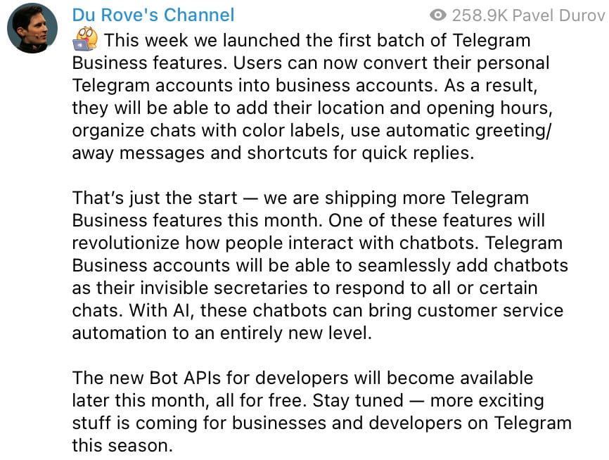 Telegram lança chatbot de IA no primeiro lote de recursos de negócios do Telegram