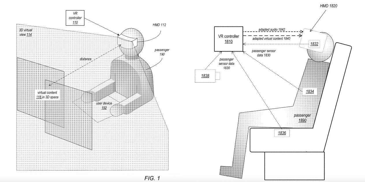 Imágenes que describen la patente de Apple para el uso de VR en vehículos autónomos