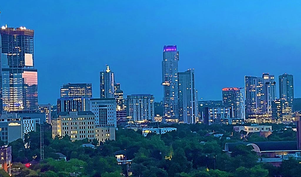 Skyline af downtown Austin Texas ved solnedgang