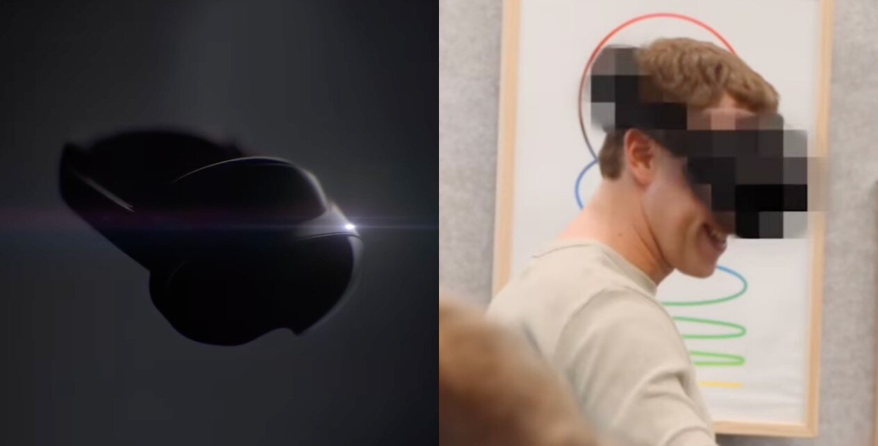 Das Bild auf der linken Seite ist ein Modell des Cambria VR-Headsets, auf der rechten Seite ist Mark Zuckerberg, der das Headset trägt