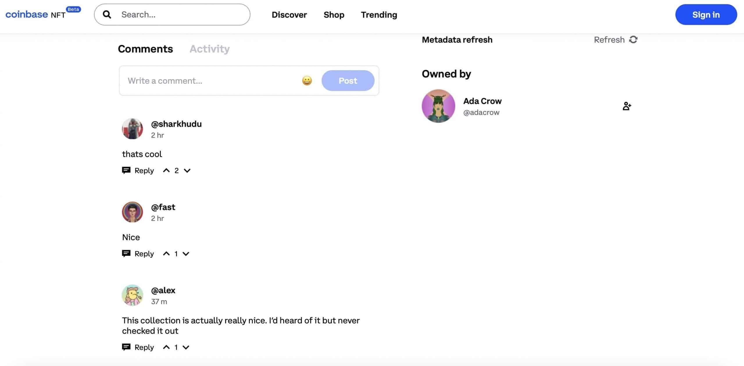 Coinbase NFT коментари в платформата