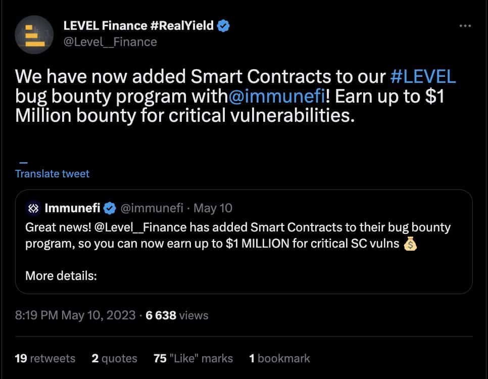 “Critical vulnerabilities” are being reward on May 10 by Level Finance, “for up to $1 million.”
