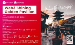 De Web3 Shining Golden Pavilion-evenement, mede georganiseerd door CGV en UneMeta, in Kyoto, Japan, op 28 juni