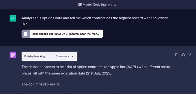 To illustrate the power of the Code Interpreter, let's take a look at an example where it was used to analyze options data for AAPL expiring on July 21st. Using a CSV file, the interpreter seamlessly processed the information and provided valuable insights.