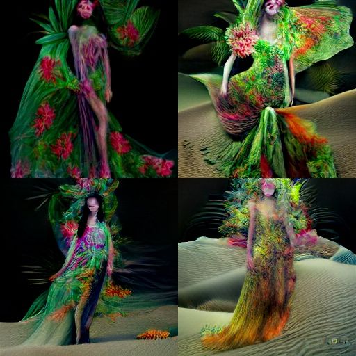 Naturgöttin, karibische Farben, Stranddünen, Ganzkörperporträt einer schönen Frau in einem Fantasiekleid aus tropischen Blumen, Fraktal, Modedesign, digital realistisch, echte Fotografie, starke Linien, detaillierter Stoff, elastisch, detailliert, hyperdetailliert, Cyberpunk-Lichter, Modefotografie