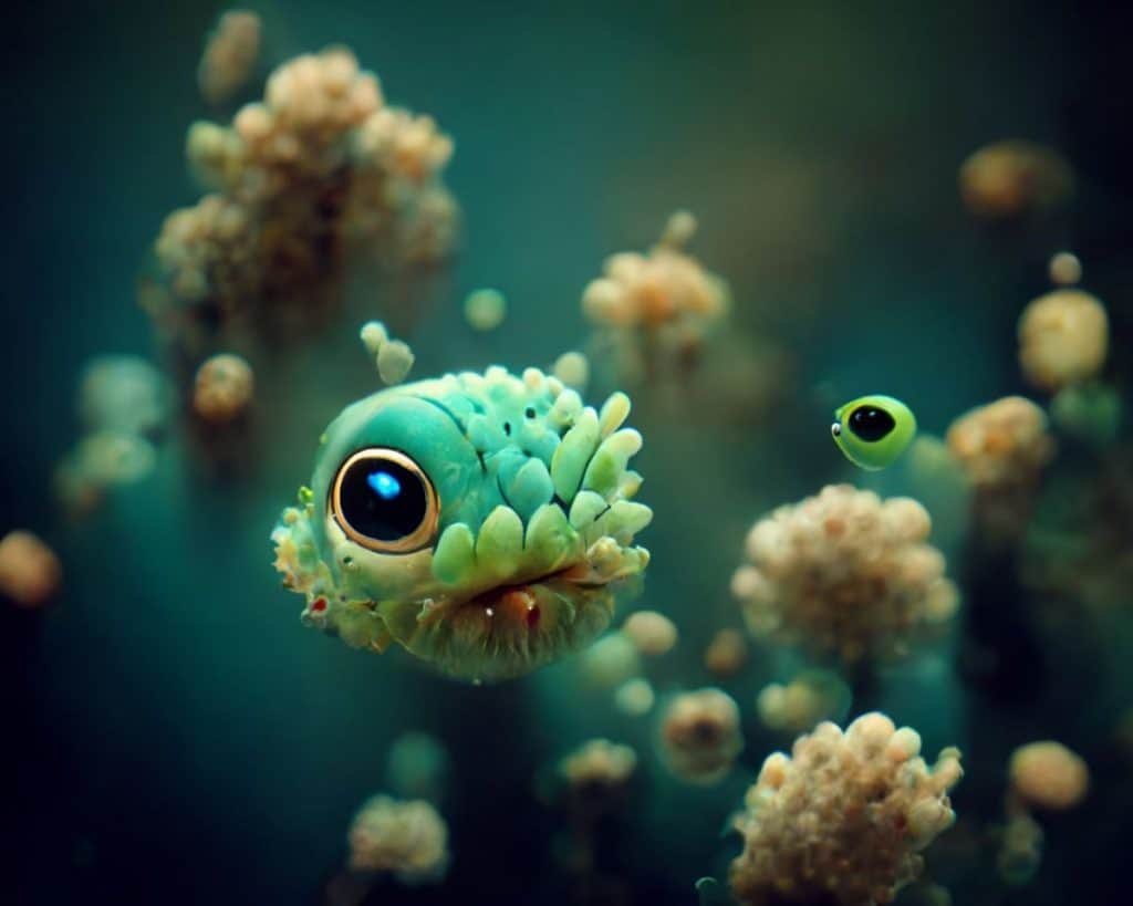 foto van een extreem schattige buitenaardse vis die een buitenaards wezen zwemt