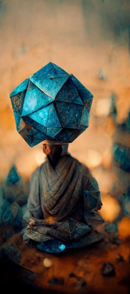 surrealistische blauwachtige monnik, dodecaëder voor zijn hoofd