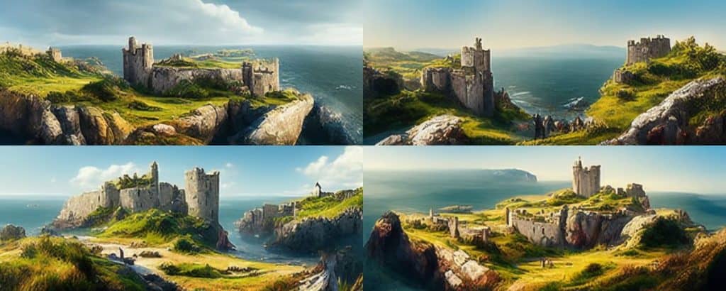 2 mittelalterliche Krieger ::0.4 reisen auf einer Klippe zu einer Burg im Hintergrund