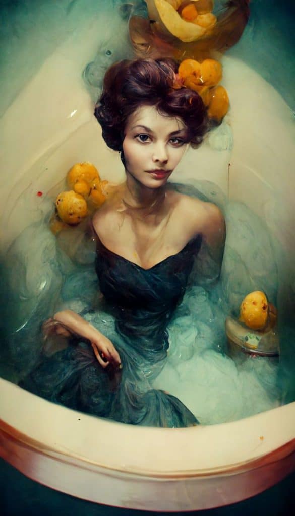 Sophia Loren in a heart shaped bath tub surrounded 