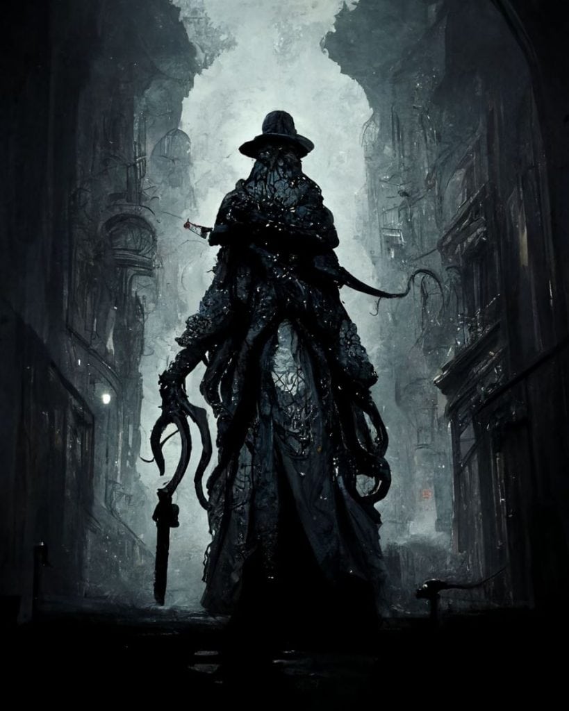 Lovecraftiaans personage Cthulhu, met de jagershoed