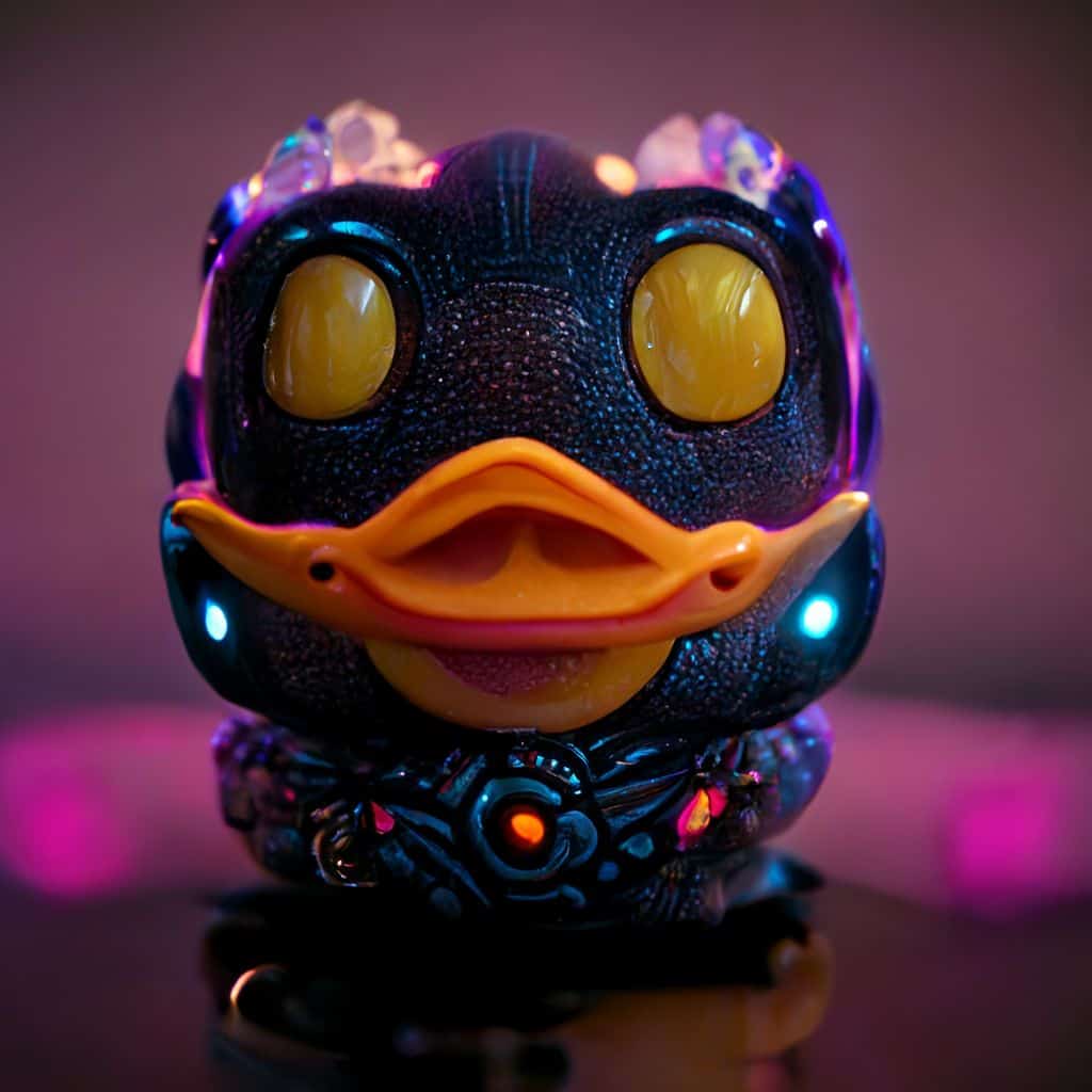 ultra quality. hyper realistic smiling rubber duck with 4 wings