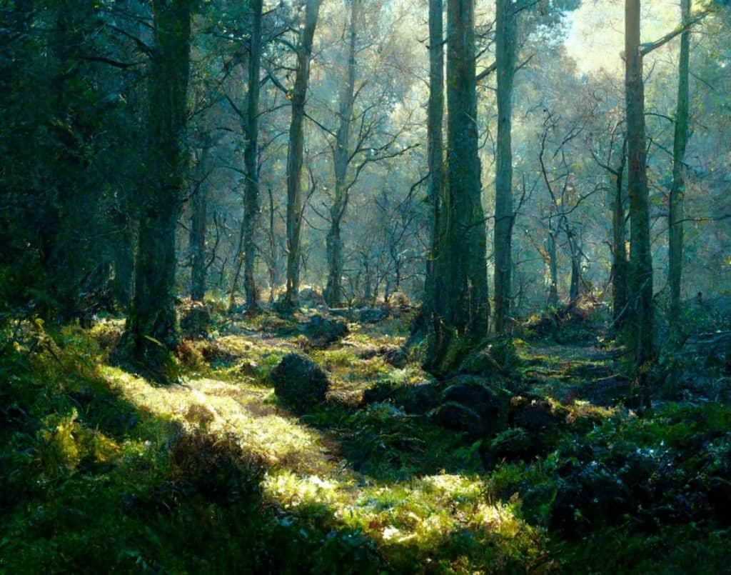 dense woodland landscape, ::0.4 , English forest, Irish forest