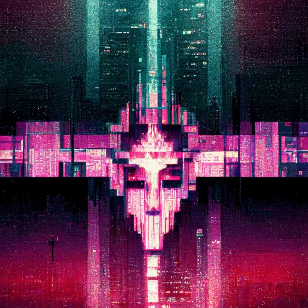 devilcore cyberpunk vaporwave pixeldiffusie, onheilige geometrie, stralend --stileer 1250