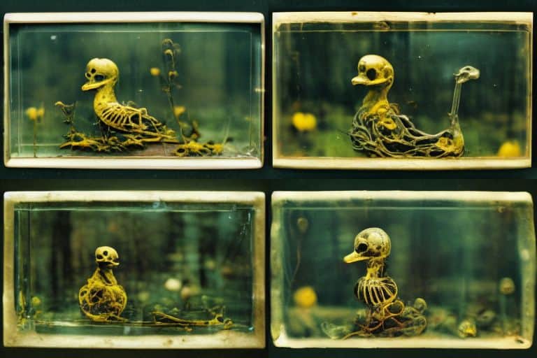Kodak Portra 160 35mm photograph of "rubber duck skeleton" aged, decayed, mossy "in glass case" --ar 7:5