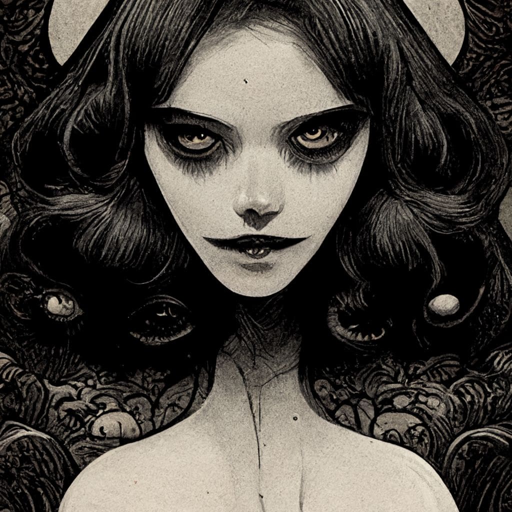 wicked man spending the night in the gaze of strange eyes, vintage, promiscuous, black and white, detailed, intricate ink, illustration, bittersweet, hd, surreal