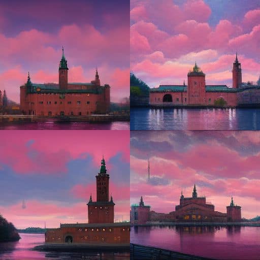 Stadhuis van Stockholm, maar gebouwd in middeleeuwse stijl, fotorealisme, extreme details, schemering, roze luchten, beeldverhouding = 6:4