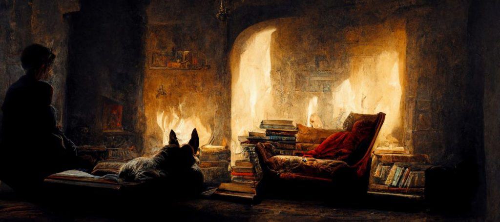 blasser junger Mann sitzt in einem Sessel und liest neben einem großen Kamin, Bücherregale bedecken die dunklen Wände, Hunde liegen auf dem Boden, Drittelregel, dunkler Raum, – Ar 21:9