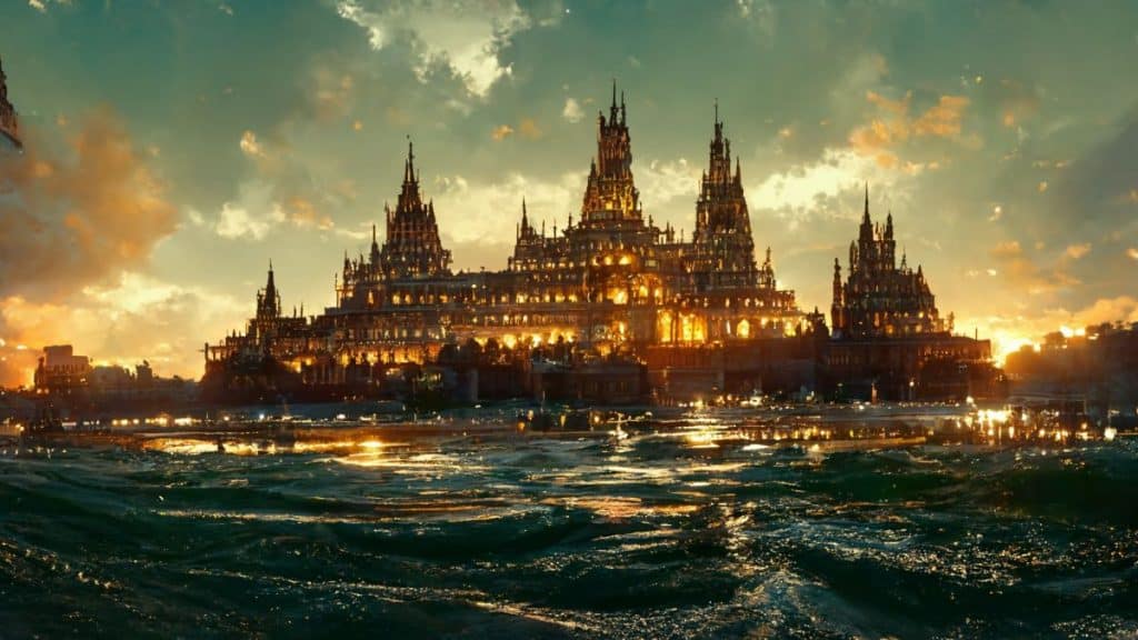 Ungarisches Parlament Unterwasserstrand, dahinter Palmen