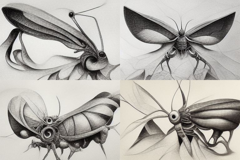 Bleistiftzeichnung eines Insekts, abstrakt, Surrealismus, Hyperdetail, Strichzeichnungen - Ar 15:10