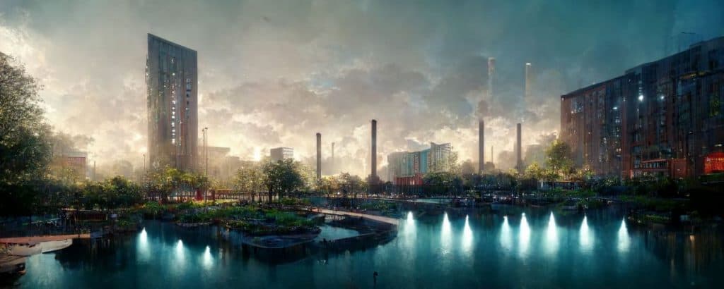 city center public park, modern landscape architectural design for industrialpunk, water in the middle, dramatic lighting and composition, octane render, unreal engine 5, 8k --ar 3:1
