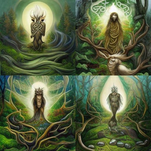 Gaelische bosgeest, qirin, god, godheid, geïllustreerd, gedetailleerd, sereen
