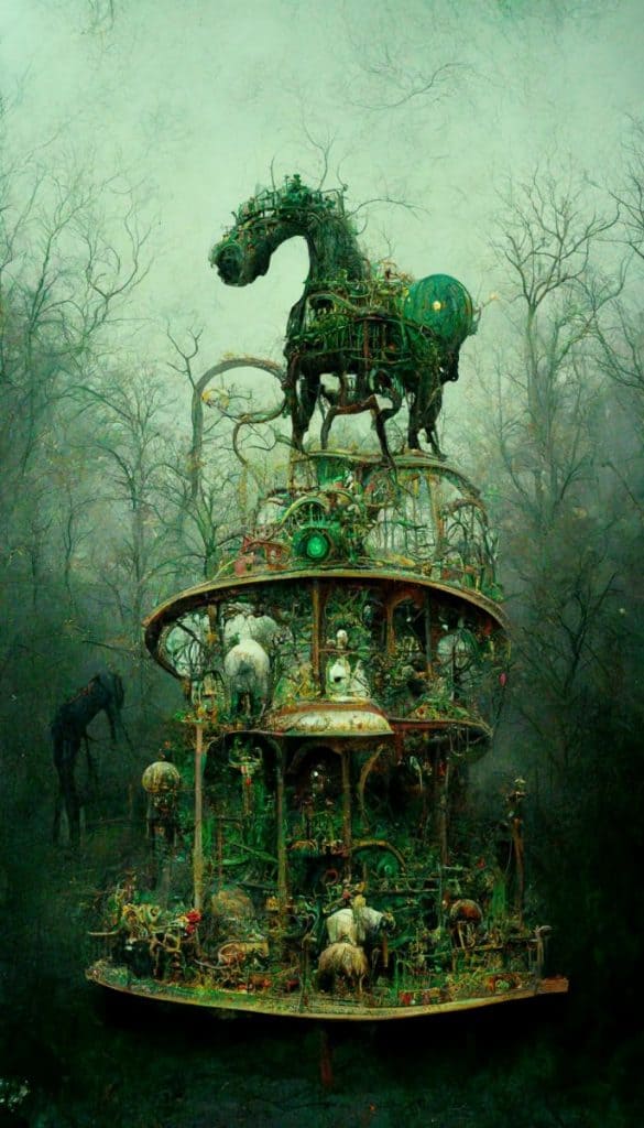victoriaans schommelspeelgoed carrousel themapark paard, overwoekerd, zdzisław beksiński, hr giger, mystiek occult symbool in het echte leven, hoog detail, groene mist --ar 9:16 --iw 0.75