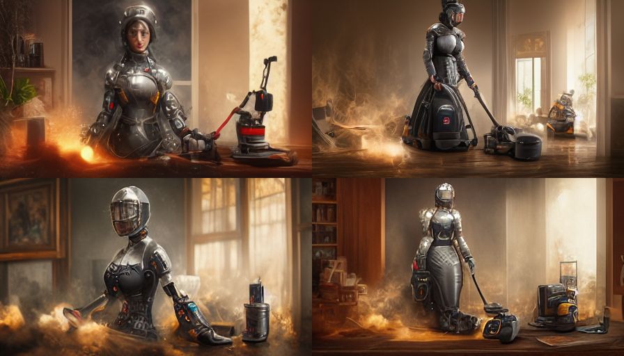 a beautiful, woman-maid, wearing body armor made out of vacuum cleaner parts, determined to win, post apocolyptic living room, ultra detailed, full shot, ultra realistic, keyshot --ar 16:9