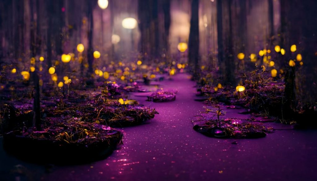 Neon-Waldumgebung bei Nacht, lila Wasser bedeckter Boden, goldene Rosen auf dem Boden + Umgebung mit dunkler Stimmung + filmisch, hohe Detailtreue, realistische Render-Oktanzahl, 35 mm, --ar 5:3