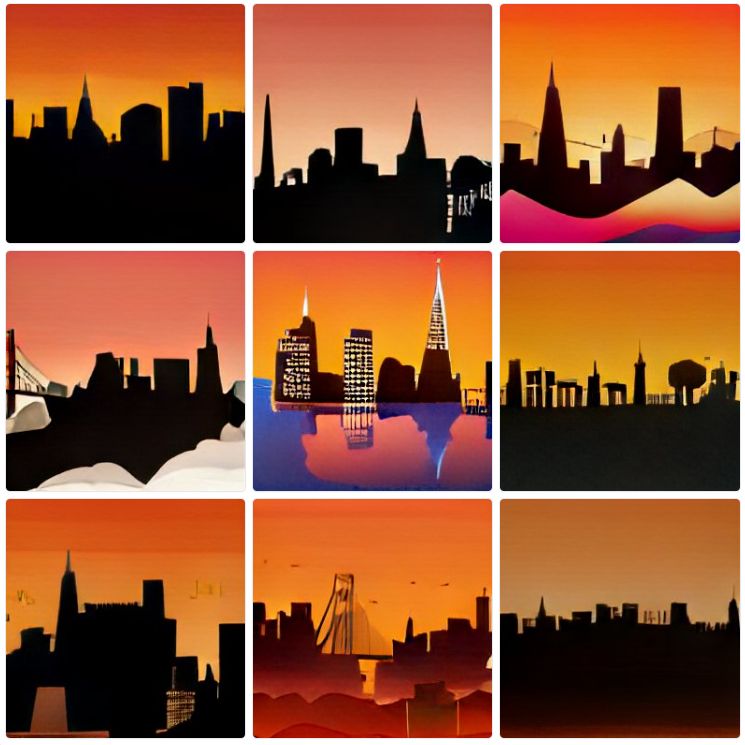 san francisco skyline, flatcolour, silhouette, quadrat an