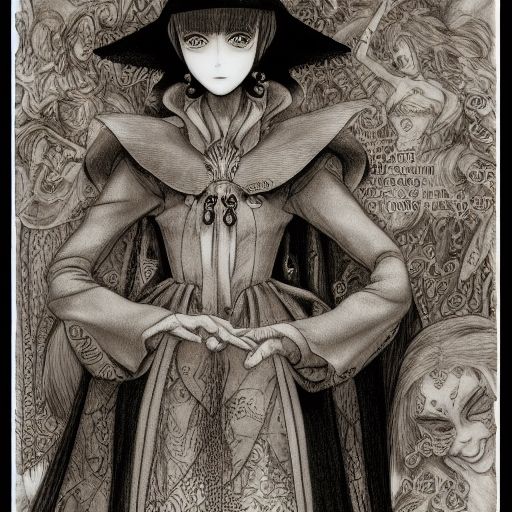 Een gedetailleerde infographic, kanttekeningen met de titel 'Gezicht van verdriet' beschrijving 'Orde van de occulte prinses' portret, karakterontwerp, versleten, donker, mangastijl, extreem hoog detail, fotorealistisch, pen en inkt, ingewikkelde lijntekeningen, door MC Escher, Yoshitaka Amano, Ruan Jia, Kentaro Miura, Artgerm, stijl door eddie mendoza, raphael lacoste, alex ross
